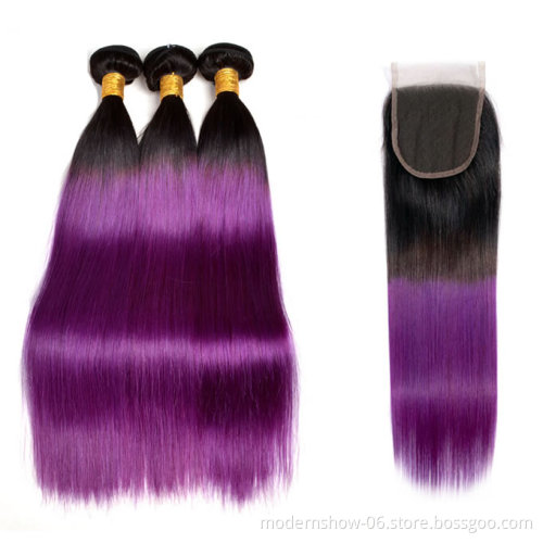 Brazilian Ombre Color Human Hair 1B/99J, 1B/Gray, 1B/613# Highlight Color , 1B/purple Human Hair 3 to 4 Bundles with Closure
